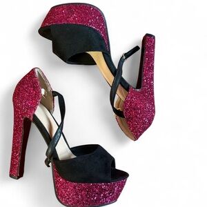 Elegant Black and Pink Glitter Platform Heels